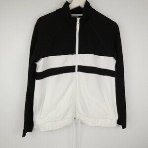 T by Talbots Womens Jacket MP Black White Color Block Pique Mockneck Full Zip